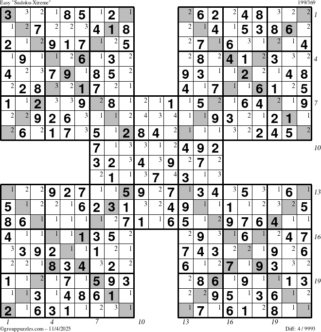 The grouppuzzles.com Easy Sudoku-Xtreme puzzle for Tuesday November 4, 2025, suitable for printing, with all 4 steps marked