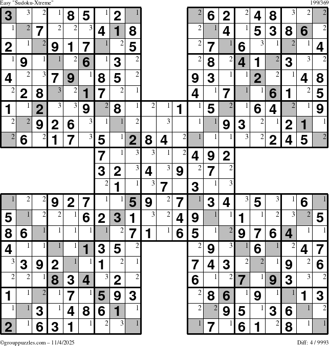 The grouppuzzles.com Easy Sudoku-Xtreme puzzle for Tuesday November 4, 2025 with the first 3 steps marked