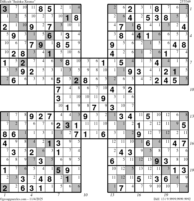 The grouppuzzles.com Difficult Sudoku-Xtreme puzzle for Tuesday November 4, 2025 with all 13 steps marked
