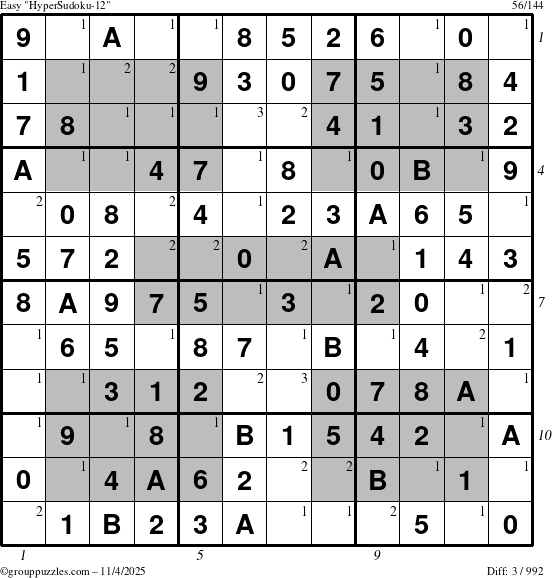 The grouppuzzles.com Easy HyperSudoku-12 puzzle for Tuesday November 4, 2025 with all 3 steps marked