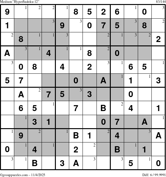 The grouppuzzles.com Medium HyperSudoku-12 puzzle for Tuesday November 4, 2025 with the first 3 steps marked