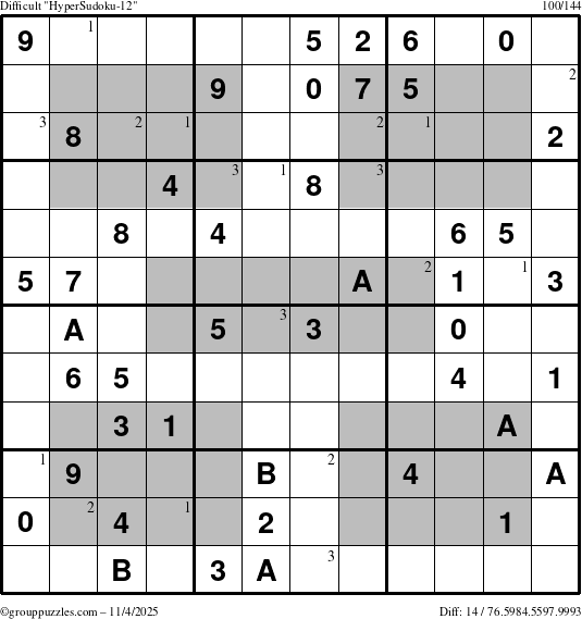 The grouppuzzles.com Difficult HyperSudoku-12 puzzle for Tuesday November 4, 2025 with the first 3 steps marked