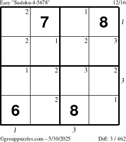 The grouppuzzles.com Easy Sudoku-4-5678 puzzle for Friday May 30, 2025, suitable for printing, with all 3 steps marked