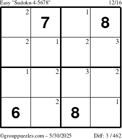 The grouppuzzles.com Easy Sudoku-4-5678 puzzle for Friday May 30, 2025 with the first 3 steps marked
