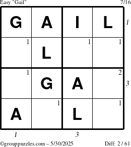 The grouppuzzles.com Easy Gail puzzle for Friday May 30, 2025 with all 2 steps marked