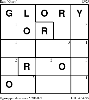The grouppuzzles.com Easy Glory puzzle for Friday May 30, 2025 with the first 3 steps marked