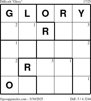 The grouppuzzles.com Difficult Glory puzzle for Friday May 30, 2025 with the first 3 steps marked