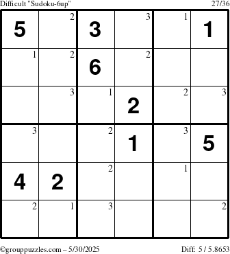 The grouppuzzles.com Difficult Sudoku-6up puzzle for Friday May 30, 2025 with the first 3 steps marked