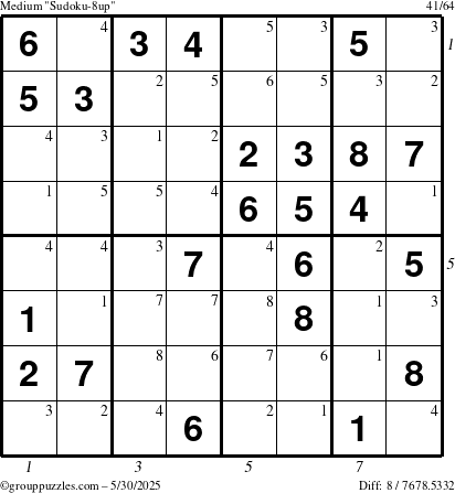 The grouppuzzles.com Medium Sudoku-8up puzzle for Friday May 30, 2025, suitable for printing, with all 8 steps marked