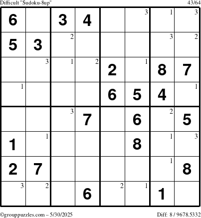 The grouppuzzles.com Difficult Sudoku-8up puzzle for Friday May 30, 2025 with the first 3 steps marked