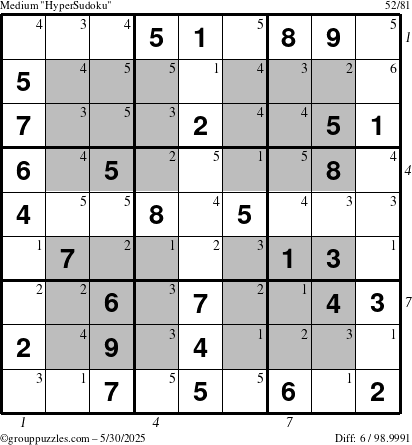 The grouppuzzles.com Medium HyperSudoku puzzle for Friday May 30, 2025 with all 6 steps marked
