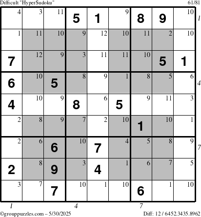 The grouppuzzles.com Difficult HyperSudoku puzzle for Friday May 30, 2025, suitable for printing, with all 12 steps marked