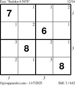 The grouppuzzles.com Easy Sudoku-4-5678 puzzle for Friday November 7, 2025, suitable for printing, with all 3 steps marked