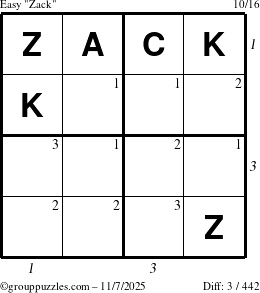 The grouppuzzles.com Easy Zack puzzle for Friday November 7, 2025, suitable for printing, with all 3 steps marked