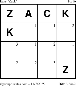 The grouppuzzles.com Easy Zack puzzle for Friday November 7, 2025 with the first 3 steps marked
