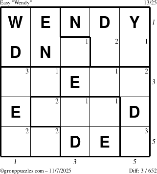 The grouppuzzles.com Easy Wendy puzzle for Friday November 7, 2025, suitable for printing, with all 3 steps marked