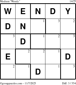 The grouppuzzles.com Medium Wendy puzzle for Friday November 7, 2025 with the first 3 steps marked