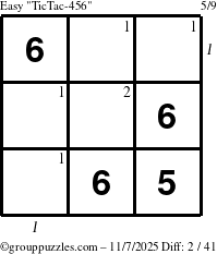 The grouppuzzles.com Easy TicTac-456 puzzle for Friday November 7, 2025, suitable for printing, with all 2 steps marked