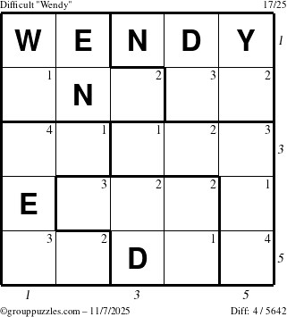 The grouppuzzles.com Difficult Wendy puzzle for Friday November 7, 2025, suitable for printing, with all 4 steps marked
