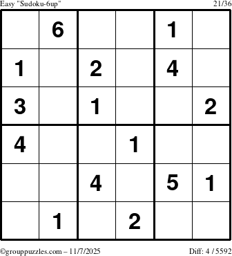 The grouppuzzles.com Easy Sudoku-6up puzzle for Friday November 7, 2025
