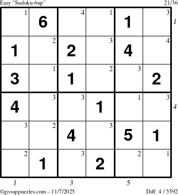 The grouppuzzles.com Easy Sudoku-6up puzzle for Friday November 7, 2025, suitable for printing, with all 4 steps marked