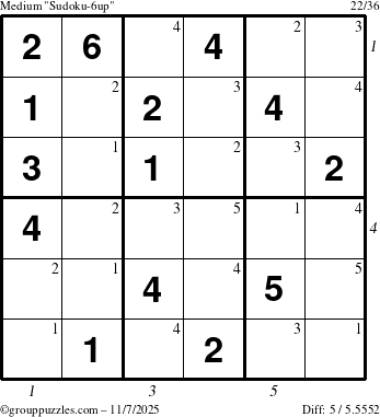 The grouppuzzles.com Medium Sudoku-6up puzzle for Friday November 7, 2025, suitable for printing, with all 5 steps marked