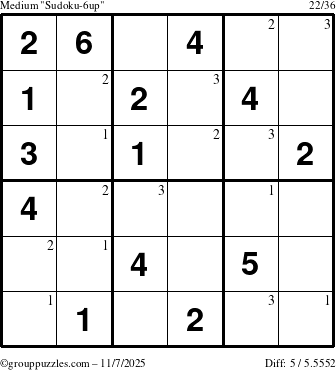 The grouppuzzles.com Medium Sudoku-6up puzzle for Friday November 7, 2025 with the first 3 steps marked