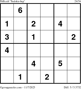 The grouppuzzles.com Difficult Sudoku-6up puzzle for Friday November 7, 2025
