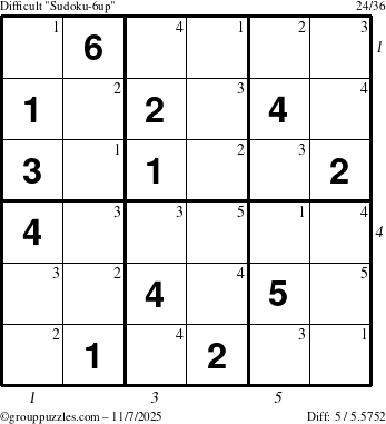 The grouppuzzles.com Difficult Sudoku-6up puzzle for Friday November 7, 2025 with all 5 steps marked