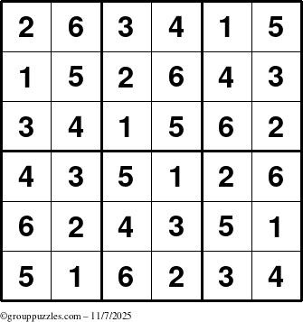 The grouppuzzles.com Answer grid for the Sudoku-6up puzzle for Friday November 7, 2025