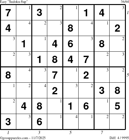 The grouppuzzles.com Easy Sudoku-8up puzzle for Friday November 7, 2025 with all 4 steps marked