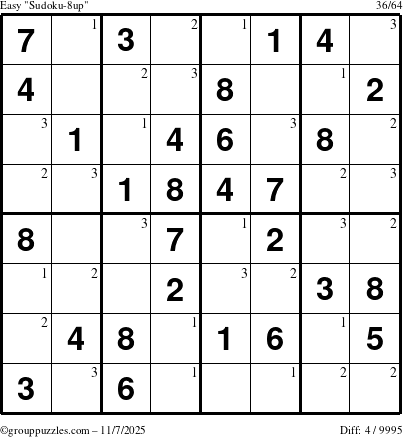 The grouppuzzles.com Easy Sudoku-8up puzzle for Friday November 7, 2025 with the first 3 steps marked