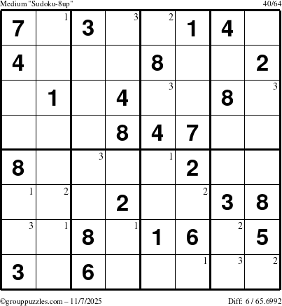 The grouppuzzles.com Medium Sudoku-8up puzzle for Friday November 7, 2025 with the first 3 steps marked