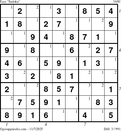 The grouppuzzles.com Easy Sudoku puzzle for Friday November 7, 2025, suitable for printing, with all 3 steps marked