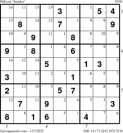 The grouppuzzles.com Difficult Sudoku puzzle for Friday November 7, 2025, suitable for printing, with all 14 steps marked