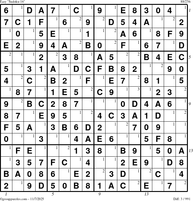 The grouppuzzles.com Easy Sudoku-16 puzzle for Friday November 7, 2025, suitable for printing, with all 3 steps marked