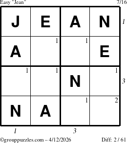 The grouppuzzles.com Easy Jean puzzle for Sunday April 12, 2026 with all 2 steps marked