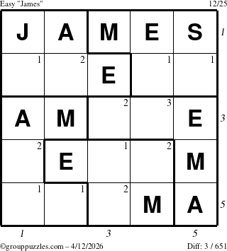 The grouppuzzles.com Easy James puzzle for Sunday April 12, 2026 with all 3 steps marked
