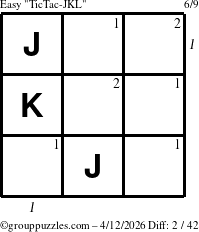 The grouppuzzles.com Easy TicTac-JKL puzzle for Sunday April 12, 2026, suitable for printing, with all 2 steps marked