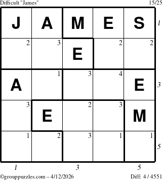 The grouppuzzles.com Difficult James puzzle for Sunday April 12, 2026, suitable for printing, with all 4 steps marked