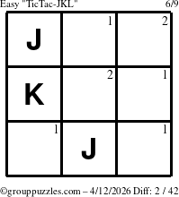 The grouppuzzles.com Easy TicTac-JKL puzzle for Sunday April 12, 2026 with the first 2 steps marked
