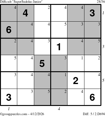 The grouppuzzles.com Difficult SuperSudoku-Junior puzzle for Sunday April 12, 2026 with all 5 steps marked