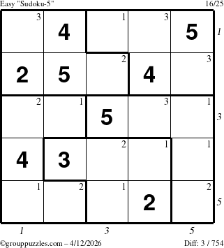 The grouppuzzles.com Easy Sudoku-5 puzzle for Sunday April 12, 2026 with all 3 steps marked