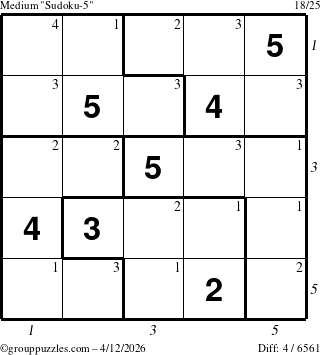 The grouppuzzles.com Medium Sudoku-5 puzzle for Sunday April 12, 2026, suitable for printing, with all 4 steps marked