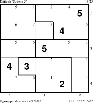 The grouppuzzles.com Difficult Sudoku-5 puzzle for Sunday April 12, 2026 with all 7 steps marked