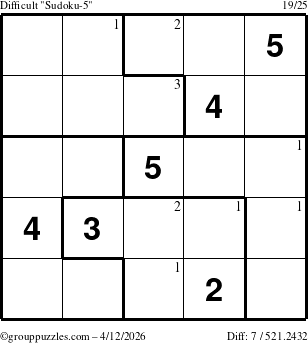 The grouppuzzles.com Difficult Sudoku-5 puzzle for Sunday April 12, 2026 with the first 3 steps marked