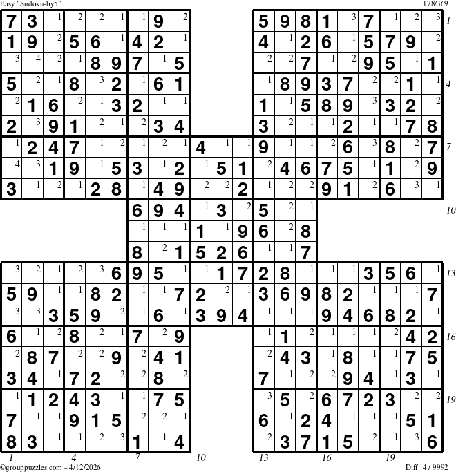 The grouppuzzles.com Easy Sudoku-by5 puzzle for Sunday April 12, 2026 with all 4 steps marked