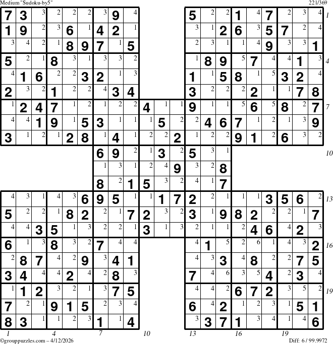 The grouppuzzles.com Medium Sudoku-by5 puzzle for Sunday April 12, 2026 with all 6 steps marked