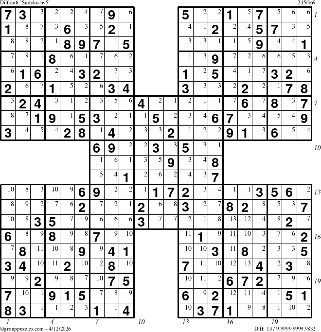 The grouppuzzles.com Difficult Sudoku-by5 puzzle for Sunday April 12, 2026 with all 13 steps marked