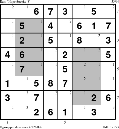 The grouppuzzles.com Easy HyperSudoku-8 puzzle for Sunday April 12, 2026, suitable for printing, with all 3 steps marked